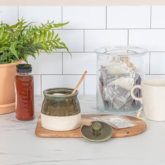 Hello Honey® 4.4" Green Stoneware Sugar Pot with Lid & Wood Spoon
